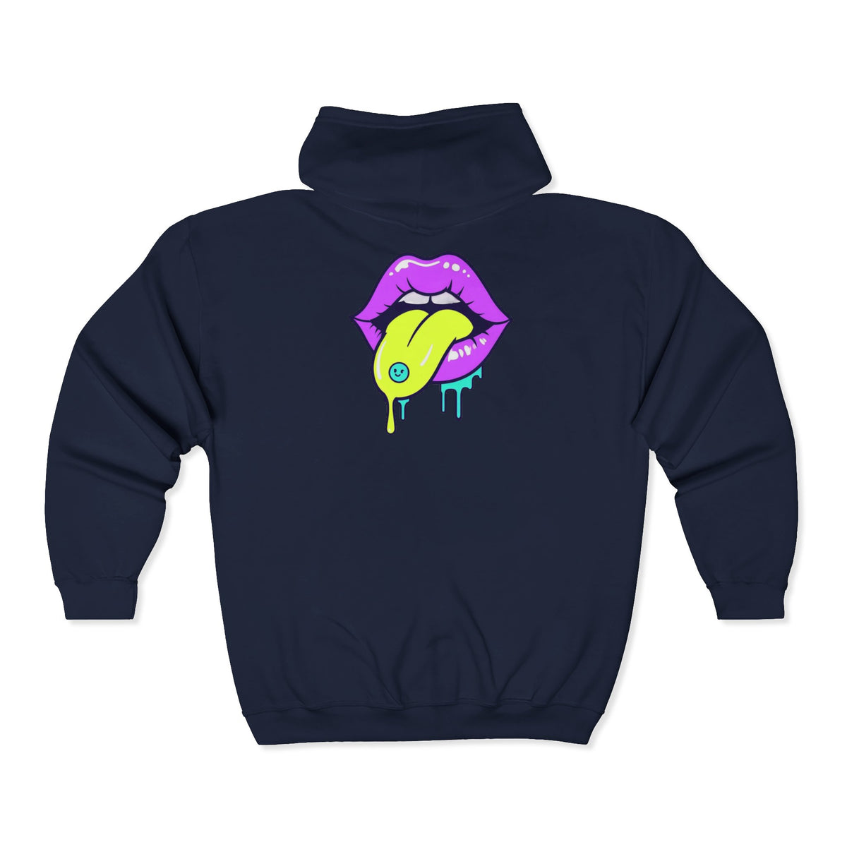 Neon Drip Lips Zip Hoodie — Psychedelic Tongue Graphic Jacket