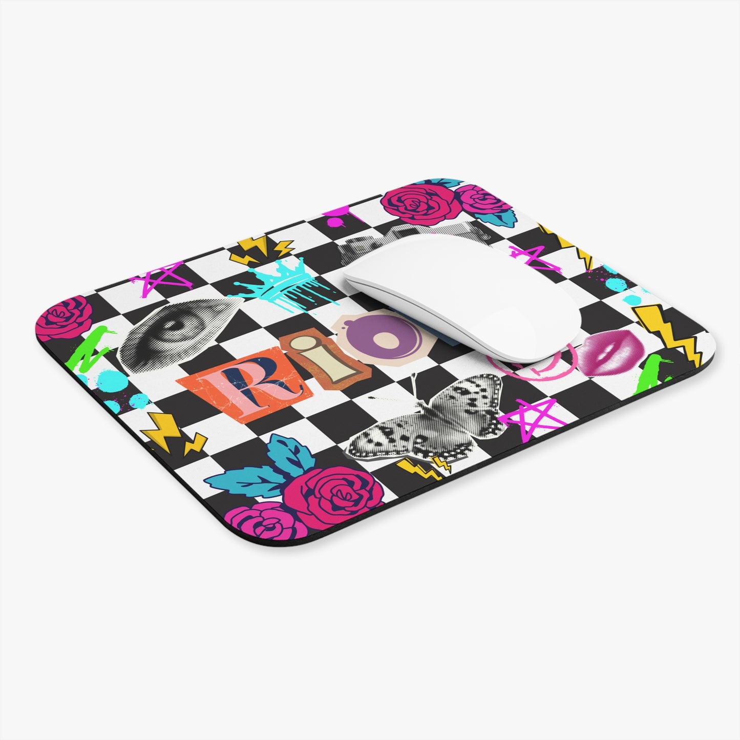 Riot Graphic Mouse Pad – Colorful Checkered Design for Creative Workspaces