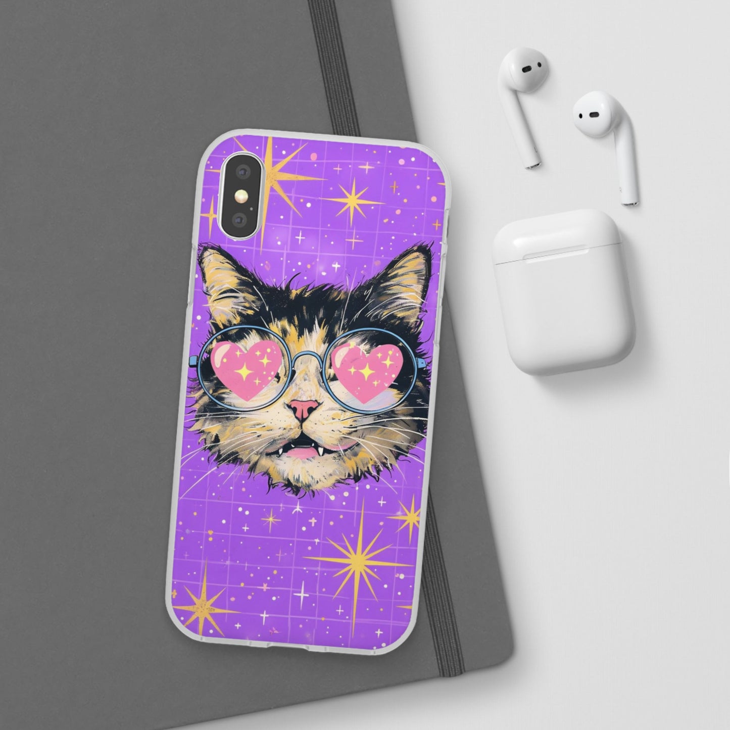 Cute Cat Flexi Case with Heart Glasses