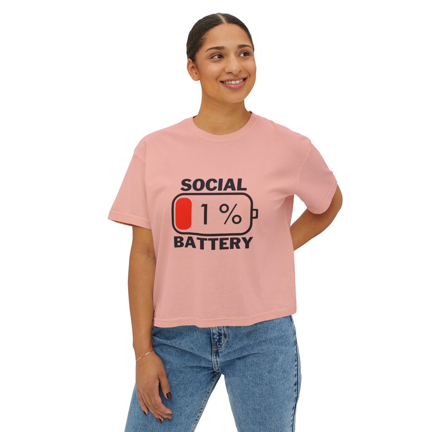 Quirky Women's Boxy Tee - "Social Battery 1%"