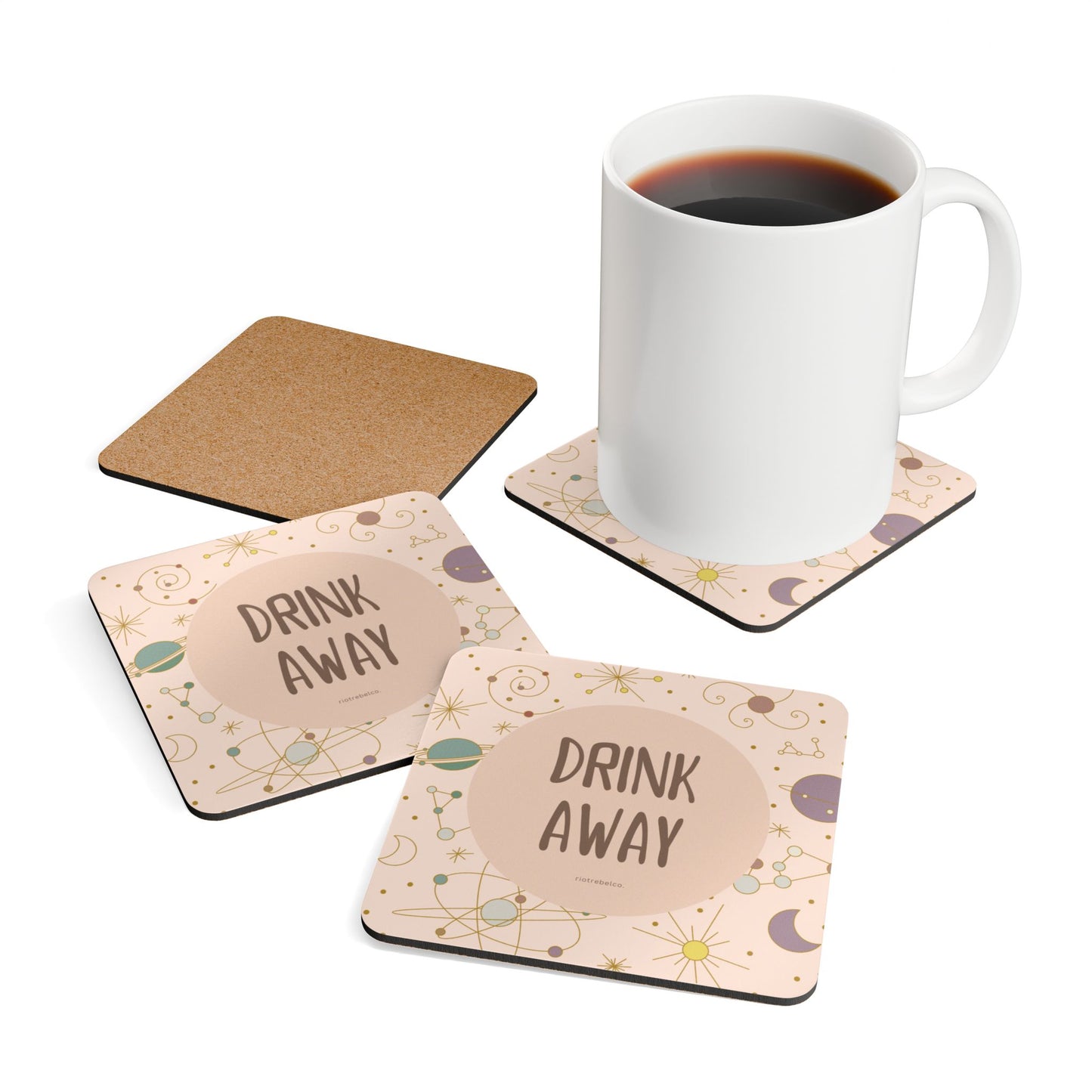 Cosmic Cork Coaster Set - "Drink Away"