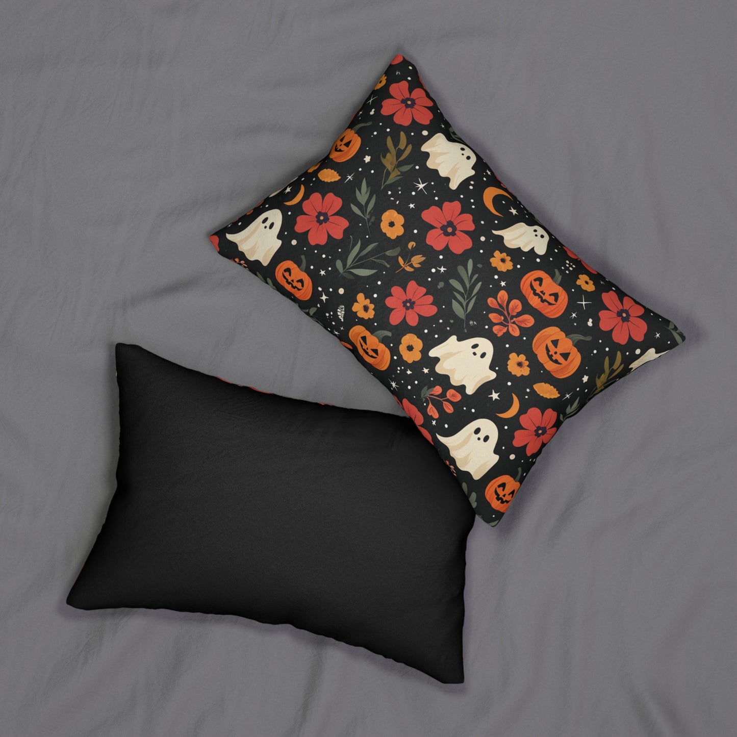 Halloween Ghost & Pumpkin Lumbar Pillow — Spooky Floral Decorative Cushion
