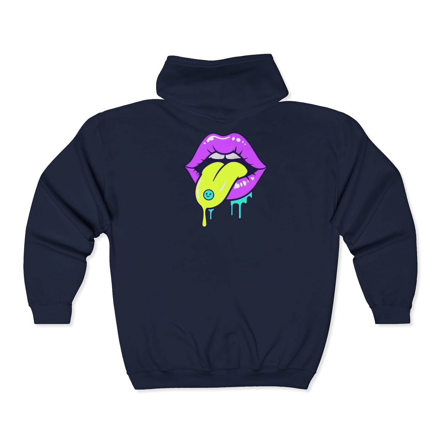 Neon Drip Lips Zip Hoodie — Psychedelic Tongue Graphic Jacket