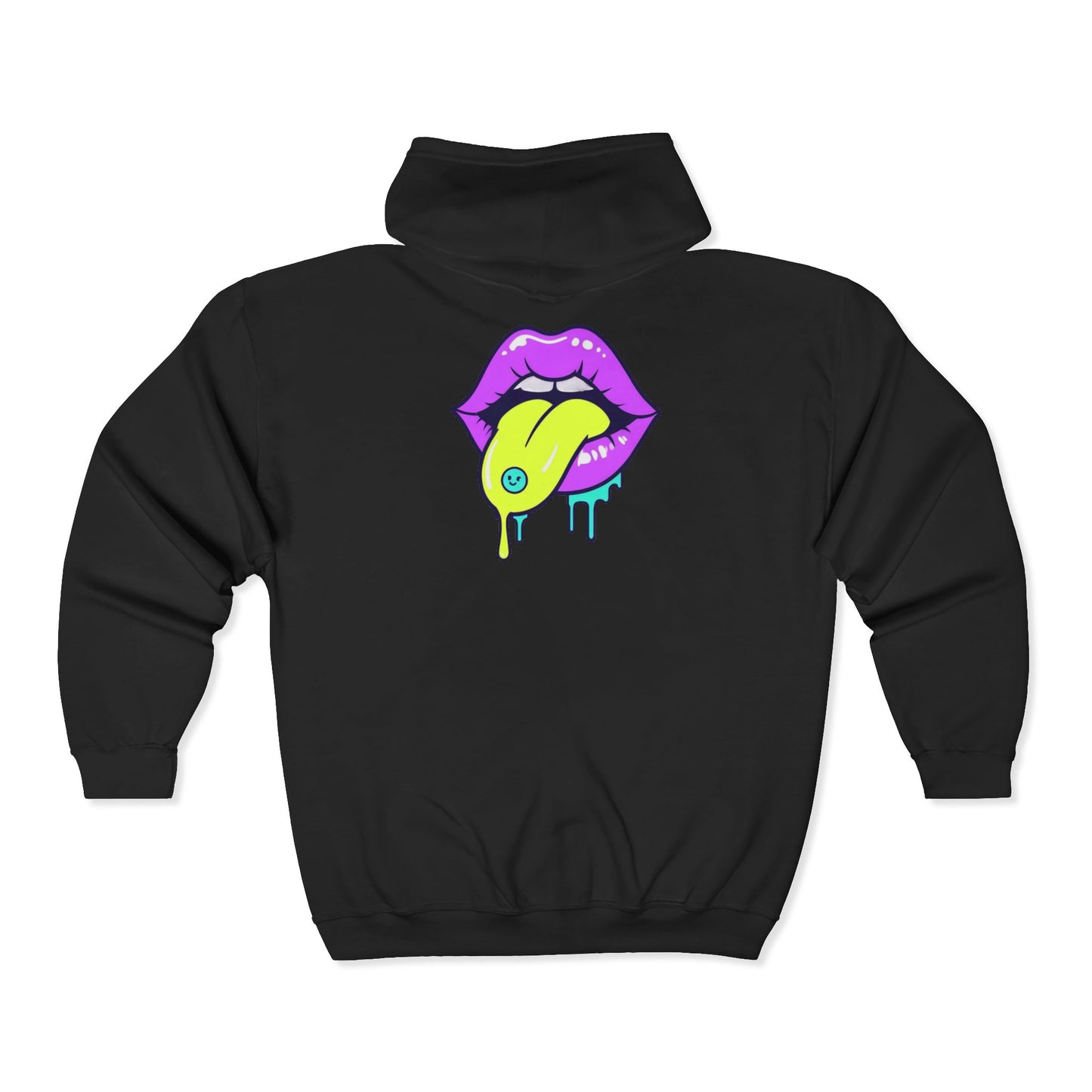 Neon Drip Lips Zip Hoodie — Psychedelic Tongue Graphic Jacket
