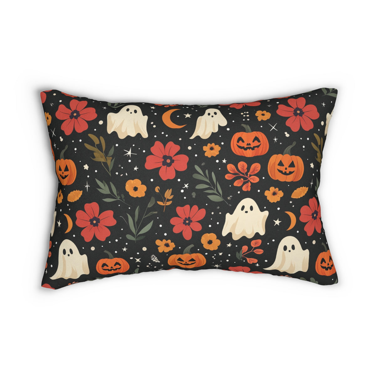 Halloween Ghost & Pumpkin Lumbar Pillow — Spooky Floral Decorative Cushion
