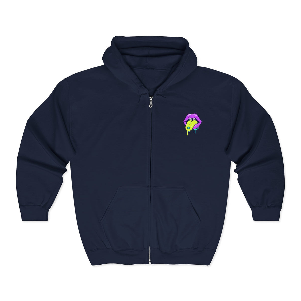 Neon Drip Lips Zip Hoodie — Psychedelic Tongue Graphic Jacket