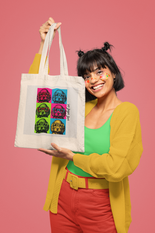 Colorful Retro Puppy Cotton Canvas Tote Bag - Eco-Friendly Everyday Carry