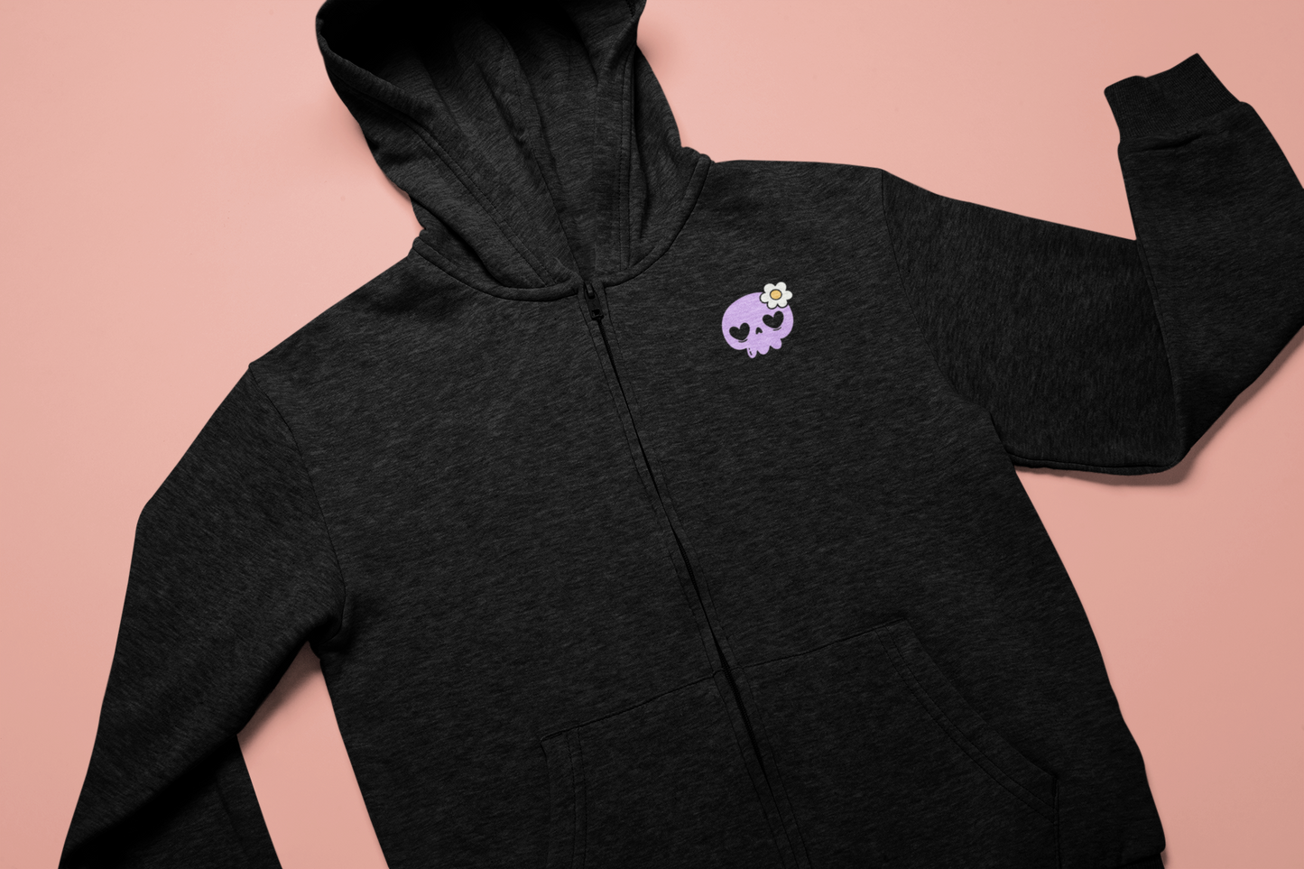 Purple Heart-Eye Skull Full-Zip Hoodie — Cute Floral Goth Zip-Up