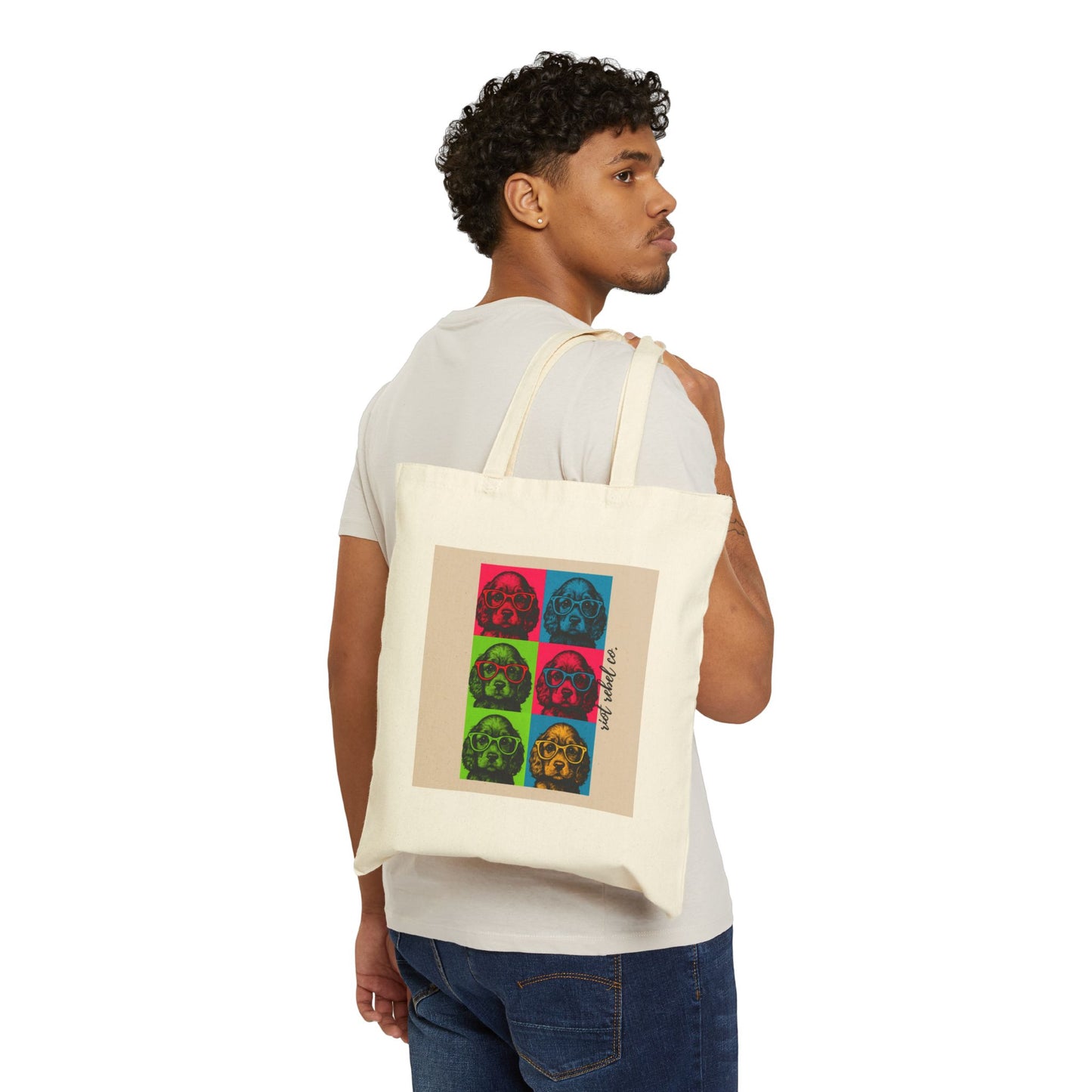 Colorful Retro Puppy Cotton Canvas Tote Bag - Eco-Friendly Everyday Carry