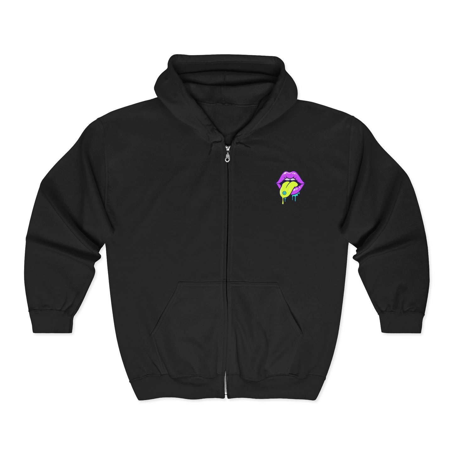 Neon Drip Lips Zip Hoodie — Psychedelic Tongue Graphic Jacket