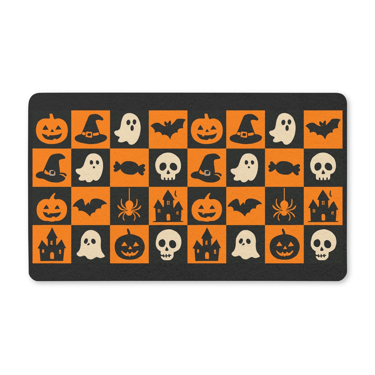 Halloween Checkerboard Doormat – Cute Spooky Pumpkins, Ghosts & Skulls Polyester Mat