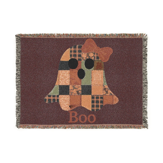 Halloween Patchwork Ghost Woven Blanket — "Boo" Cozy Fall Throw