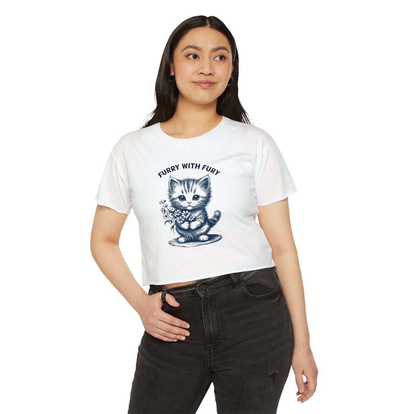 Furry With Fury Women's Festival Crop Top - Cute Cat Graphic Tee