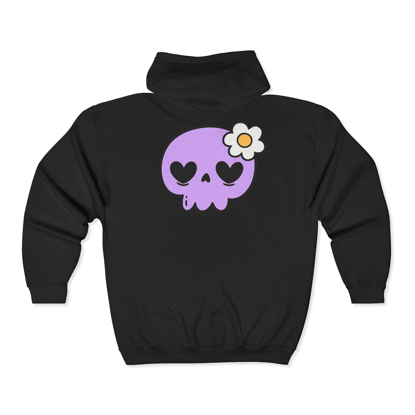 Purple Heart-Eye Skull Full-Zip Hoodie — Cute Floral Goth Zip-Up