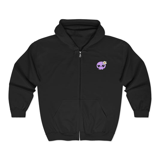 Purple Heart-Eye Skull Full-Zip Hoodie — Cute Floral Goth Zip-Up